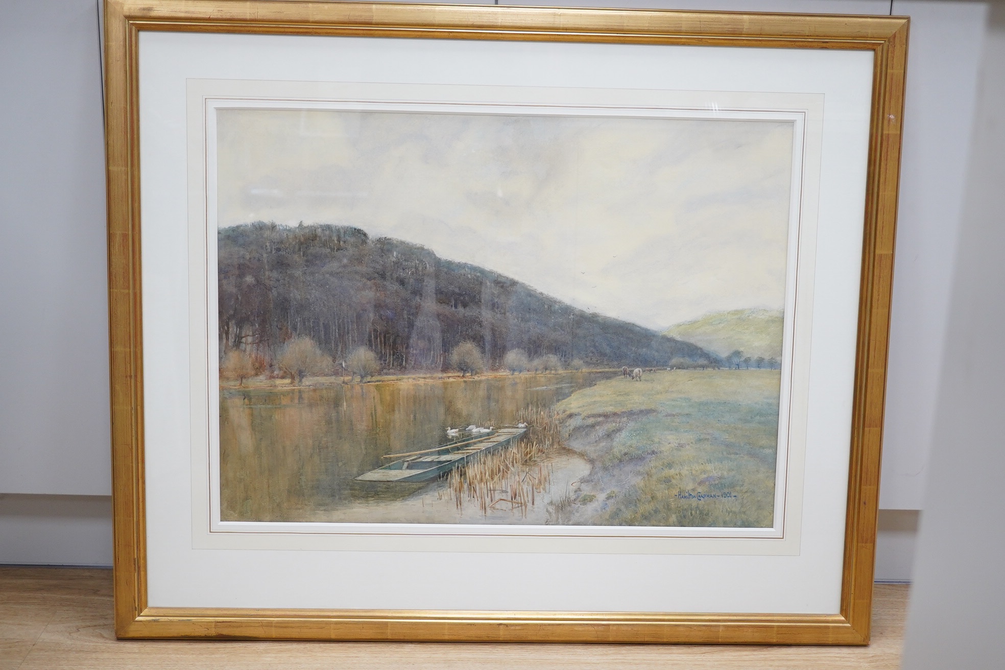 R. Hamilton Chapman (act.1881-1923), watercolour, Riverscape with boat, signed and dated 1901, 54 x 72cm. Condition - fair to good